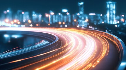 Night Cityscape: Dynamic Curves of Light Trails on a Highway Overpass