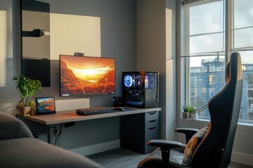 Fototapeta premium Sunlit Gaming Setup: Modern Desk, Computer, and Ergonomic Chair