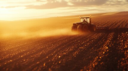 Fototapeta premium Sunset Tractor on a Brown Field, Dust Trails Behind