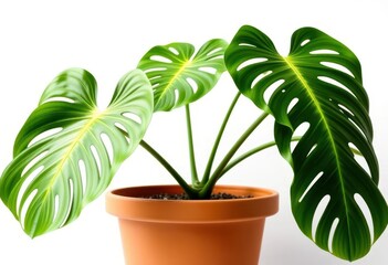 Obraz premium Lush green Monstera deliciosa plant in a simple terracotta pot against a clean white background, leaves, growth
