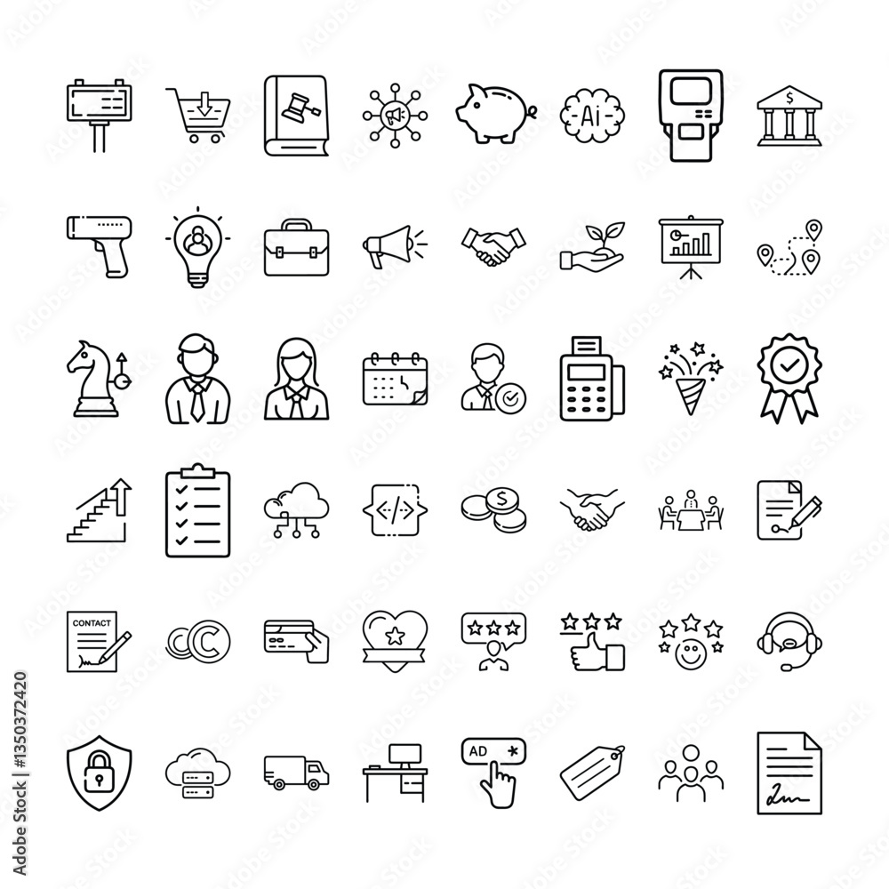 Poster business and finance icons set with various symbols and elements in a doodle style