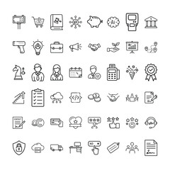 Business and finance icons set with various symbols and elements in a doodle style