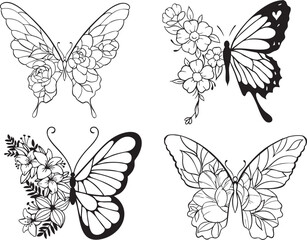 A set of hand drawn flowers with butterfly pattern design vector illustration 
