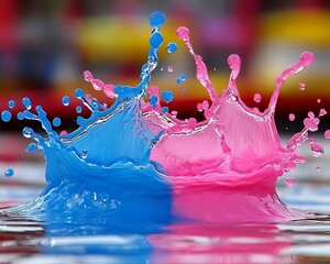 Two colorful liquid splashes colliding together in beautiful action