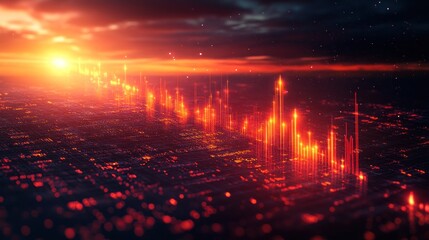 Fototapeta premium Futuristic Cityscape at Sunset: A Digital Metropolis Glowing with Innovation