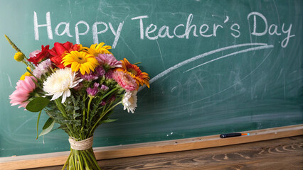 A bouquet of flowers for Teacher's Day against the background of a school board with the inscription "Happy Teacher's Day" in chalk