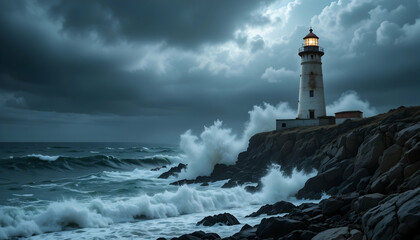 Lighthouse in stormy sea at night guiding ships through rough waters beacon of hope and resilience amidst challenges