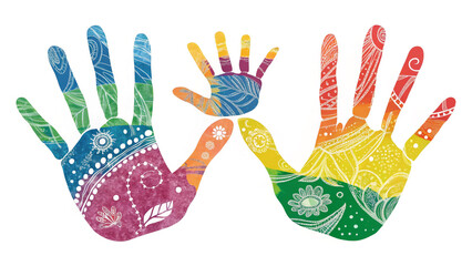 Colorful family handprints with patterns and designs on white background