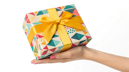Hand holding gift box with yellow ribbons isolated on white background
