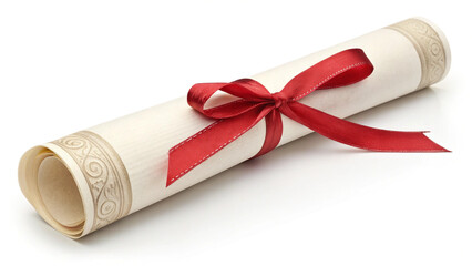 Gift certificate rolled certificate with a red ribbon isolated on white background