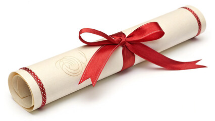Gift certificate rolled certificate with a red ribbon isolated on white background
