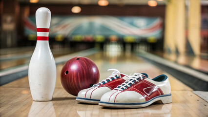 New, beautiful and clean bowling pin, ball and shoes on the floor on a blurred background with a bowling lane