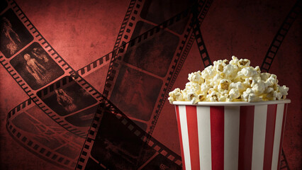 Realistic popcorn in striped bucket on the right side of the frame on cinematic dark red background with film stripes 