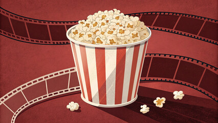Cartoon popcorn in striped bucket isolated on cinematic dark red background with film stripes 