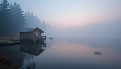 Fototapeta premium Serene Lakeside Cabin Retreat Misty Morning Sunrise Peaceful Solitude Tranquility Nature Escape Vacation Destination Getaway
