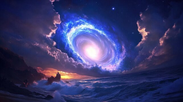 A swirling galaxy and ocean scene depicts cosmic wonders beautifully
