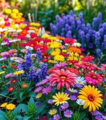Vibrant flowerbed brimming with colorful blooms in a lush garden, petals, meadow