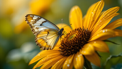 Naklejka premium Beautiful butterfly on sunflower blossom nature insect wings summer garden pollination wildlife yellow flower colorful