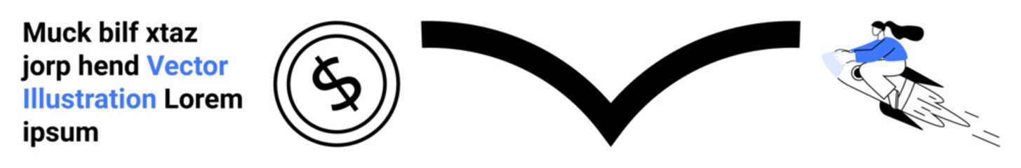 Person on a scooter moving forward, stylized coin, bold chevron design. Ideal for finance, motion, innovation, transport, leadership progress speed themes. Abstract line flat metaphor