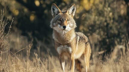 A striking portrait of a wild coyote in natural landscape