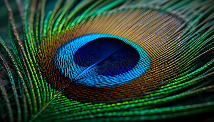 Naklejka premium Vibrant Peacock Feather Close Up Detail Showing Iridescence Texture and Pattern for Design Background
