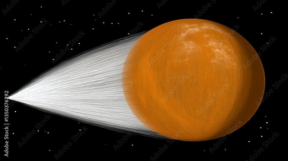 Poster an orange planet with a large comet like tail in space