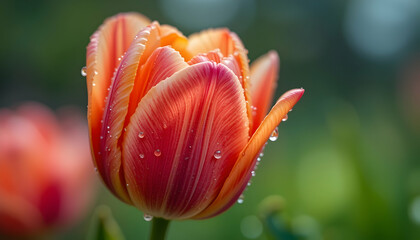 Vibrant Orange and Pink Tulip in Bloom Spring Garden Floral Beauty Nature Blossom Petal Close Up Macro Dew Drops