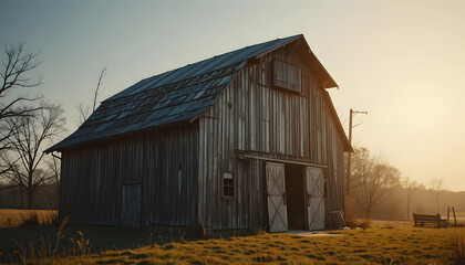 Naklejka premium Rustic barn at sunrise evokes nostalgia for simpler times ideal for agricultural or rural lifestyle brands