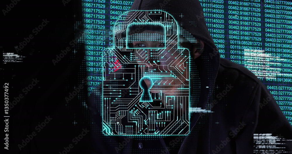 Poster hacker in hoodie surrounded by digital lock and binary code, focused on screen