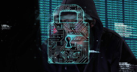 Hacker in hoodie surrounded by digital lock and binary code, focused on screen