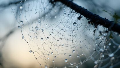 Dew Covered Spiderweb at Dawn Nature Photography Macro Close Up Water Droplets Glistening Sunlight