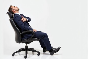 Stressed Caucasian Male Executive in Business Attire Leaning Back in an Office Chair, Exhibiting Signs of Overwhelm and Work-Related Fatigue