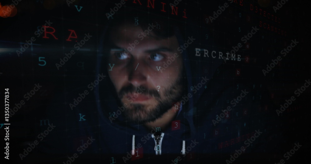 Poster man in hoodie surrounded by digital code, focusing on cybersecurity tasks