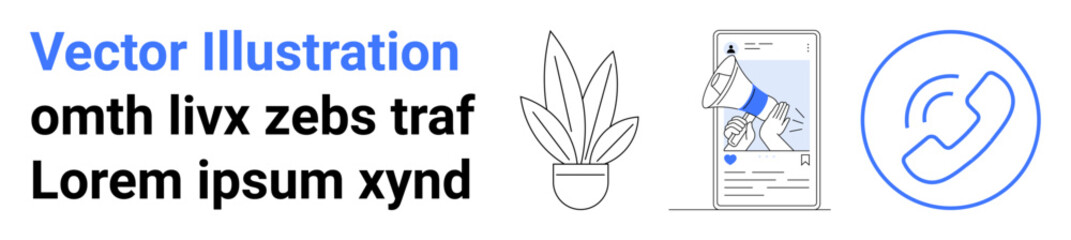 Megaphone on smartphone screen, potted plant, and call icon symbolize marketing, promotion, growth, tech. Ideal for social media, business, branding communication customer service flat landing