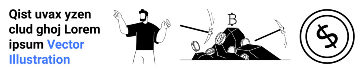 Man gesturing towards cryptocurrency mining tools with coins, pickaxes, and a dollar sign within a circle. Ideal for finance, blockchain, investment, cryptocurrency, digital assets, fintech abstract