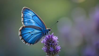 Fototapeta premium Vibrant Blue Butterfly on Lavender Blossom Nature Photography Wildlife Insect Pollination Summer Garden Beauty