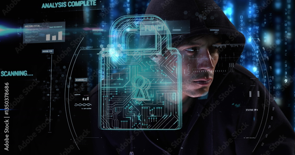 Poster hacker in hoodie surrounded by digital lock interface, focused on computer screen