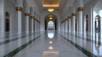 Majestic mosque hallway.  Elegant, arched columns, and intricate details create a serene atmosphere.  A long, polished marble floor reflects the light