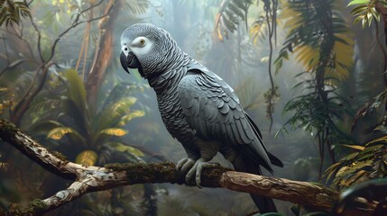 Obraz premium African grey parrot perched a tree branch highly detailed textured feathers intelligent expression jungle backdrop soft natural lighting lifelike realism