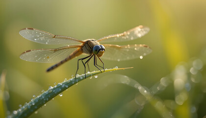 Golden dragonfly with dew drops on wings perched on grass blade in morning sunlight nature macro beauty