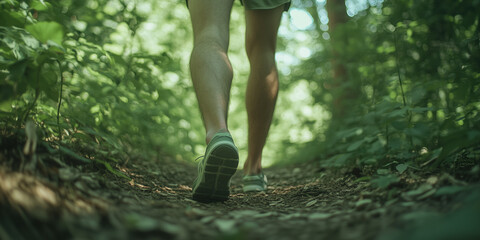 A Young Man's Legs in Running Shorts, Feet Firmly Planted on a Park Trail, Surrounded by Lush Greenery in Clear Focus