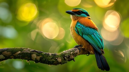Amazonian motmot resting a branch elegant turquoise and green plumage glowing in diffused rainforest light fine feather details