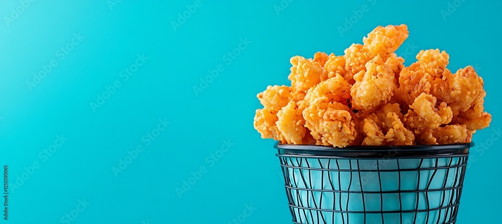 Poster a basket of crispy fried shrimp served on a bright blue background with a space for branding and cus