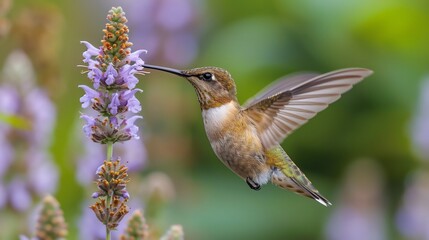 Fototapeta premium Andean hillstar hummingbird hovering near tiny purple flower soft wing motion blur rich iridescent green plumage high definition feather details