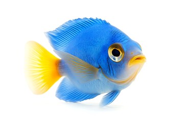 A vibrant blue fish with yellow tail and fins on white background