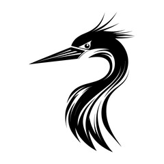 A sleek and elegant silhouette of a heron's head, showcasing its long, curved beak and graceful neck. Ideal for wildlife illustrations, nature-inspired designs, birdwatching logos