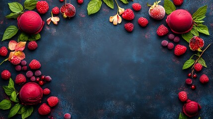 Raspberry ice cream scoops & berries frame.