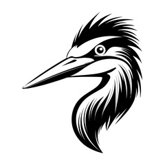 A sleek and elegant silhouette of a heron's head, showcasing its long, curved beak and graceful neck. Ideal for wildlife illustrations, nature-inspired designs, birdwatching logos