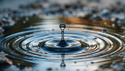 Single water droplet splashing with ripple effect creating concentric circles in calm water