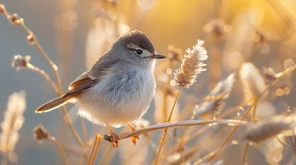 Obraz premium Ashy prinia perched a dry reed soft grey and brown plumage glowing under warm sunset light blurred golden meadow in the background